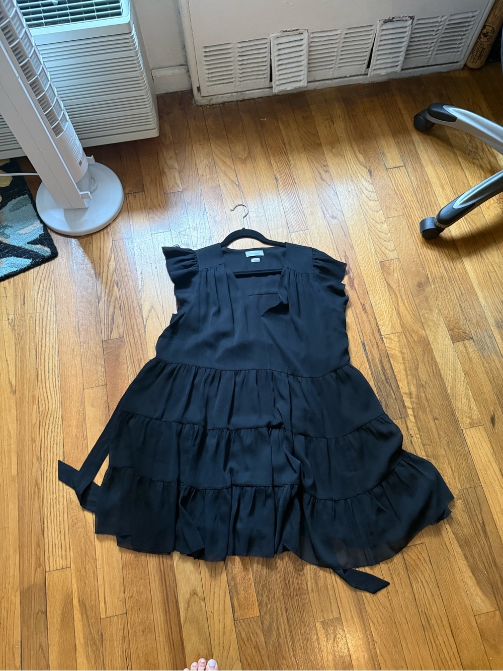 Little Moon Black [Aritzia] Tiered V-Neck Ruffle Sleeve Mini Dress